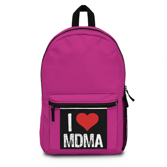Vibrerande rosa ryggsäck med 'I ❤️ MDMA'-design - Trendig skol- och resväska