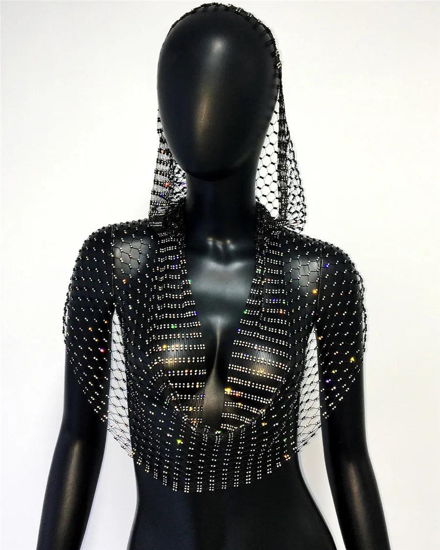 Sexig djup v-hals rygglös kamisole för kvinnor glänsande strass ihålig genomskinlig Fishnet Hooded linne Rave Festival