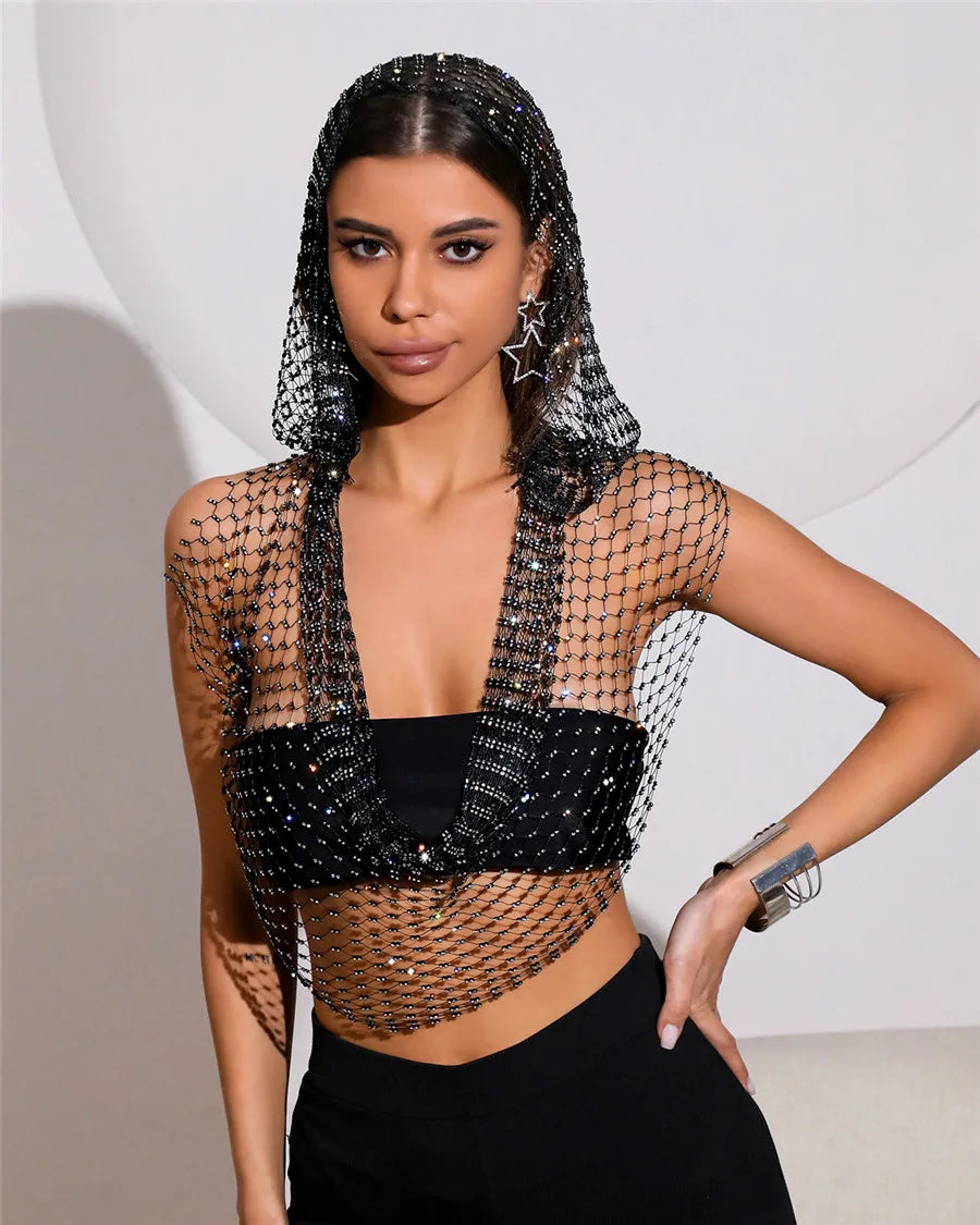 Sexig djup v-hals rygglös kamisole för kvinnor glänsande strass ihålig genomskinlig Fishnet Hooded linne Rave Festival