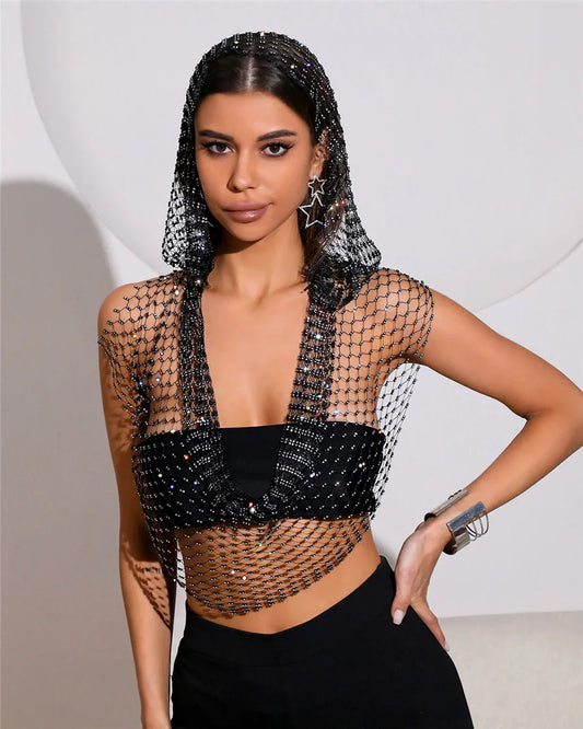 Sexig djup v-hals rygglös kamisole för kvinnor glänsande strass ihålig genomskinlig Fishnet Hooded linne Rave Festival