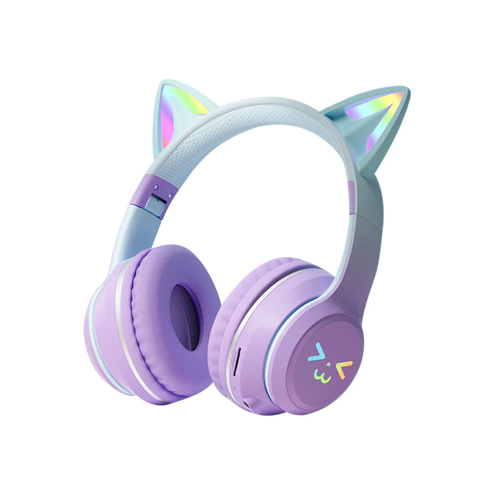 Gradient trådlösa hörlurar RGB söt kattöra Bluetooth-hörlurar med mikrofon Stereo Musik Spelhörlurar Flickor Barn Presenter