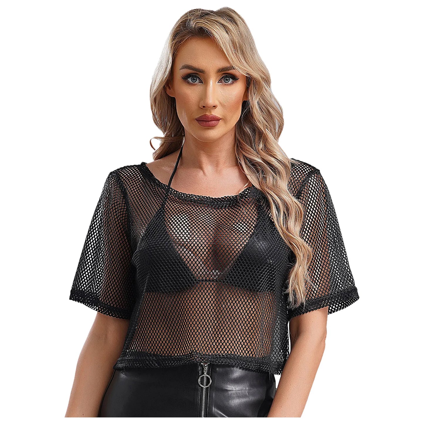 80-tal Disco Neon Fishnet T-shirt Toppar Kortärmad