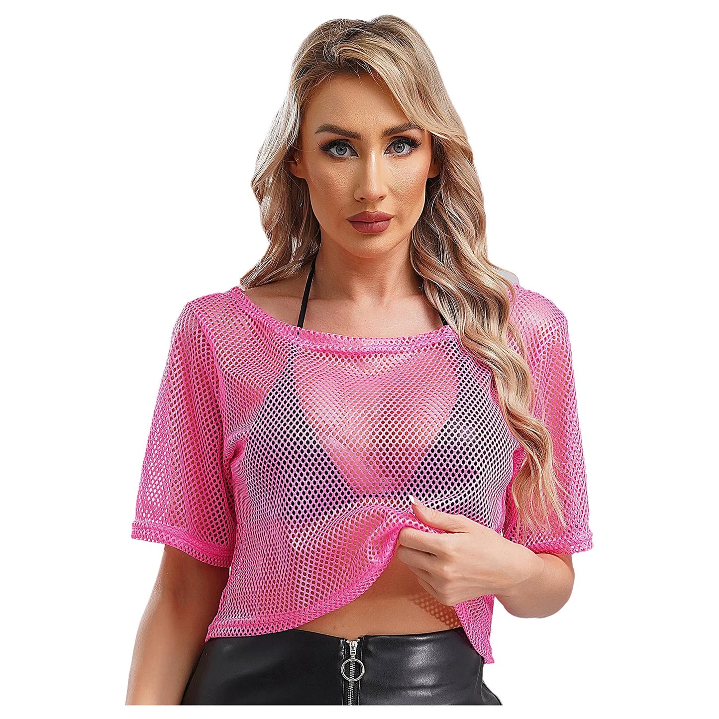 80-tal Disco Neon Fishnet T-shirt Toppar Kortärmad