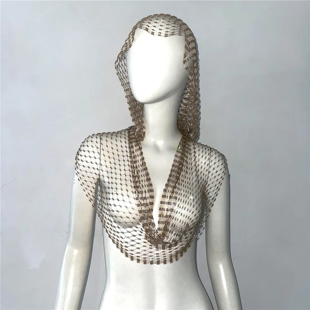 Sexig djup v-hals rygglös kamisole för kvinnor glänsande strass ihålig genomskinlig Fishnet Hooded linne Rave Festival