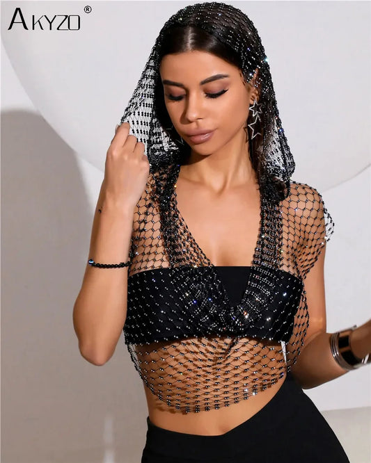 Sexig djup v-hals rygglös kamisole för kvinnor glänsande strass ihålig genomskinlig Fishnet Hooded linne Rave Festival