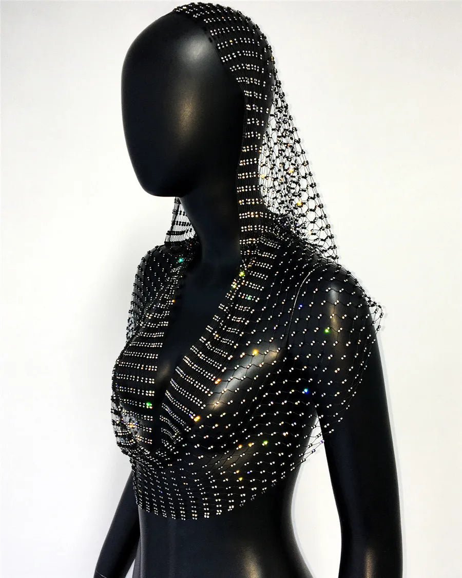 Sexig djup v-hals rygglös kamisole för kvinnor glänsande strass ihålig genomskinlig Fishnet Hooded linne Rave Festival