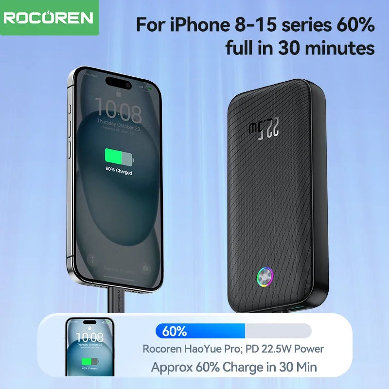 Rocoren 22,5W 20000mAh Power Bank QC PD 3.0 Snabbladdning PowerBank Portable 10000mAh Externt batteri för iPhone 16 Pro Xiaomi m
