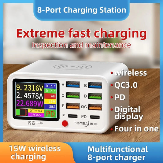 Multifunktionell 8-portars USB trådlös snabbladdningsstation Visual Current Detection Laddare för mobiltelefon iPad blixtladdning