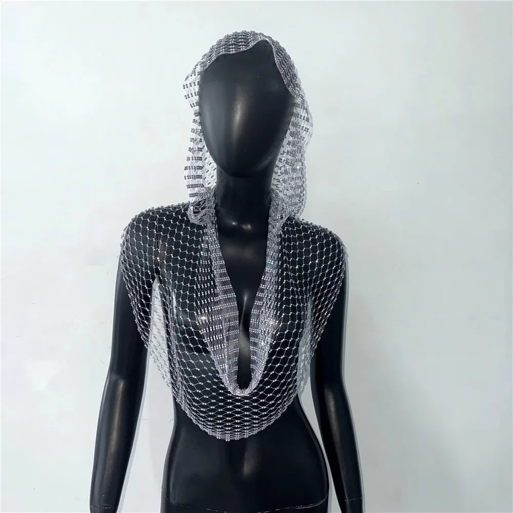Sexig djup v-hals rygglös kamisole för kvinnor glänsande strass ihålig genomskinlig Fishnet Hooded linne Rave Festival