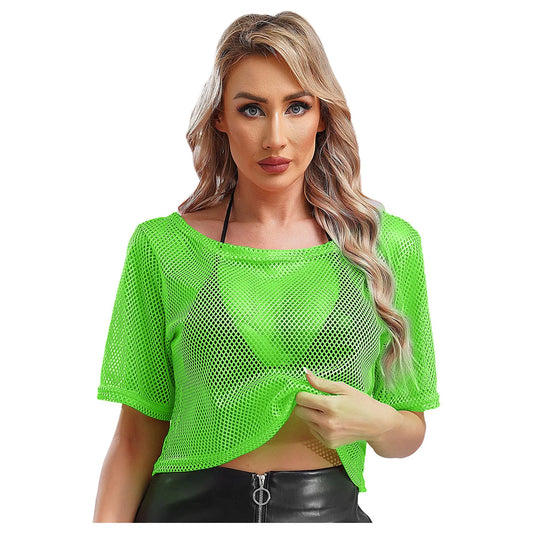 80-tal Disco Neon Fishnet T-shirt Toppar Kortärmad