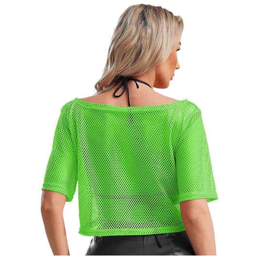 80-tal Disco Neon Fishnet T-shirt Toppar Kortärmad