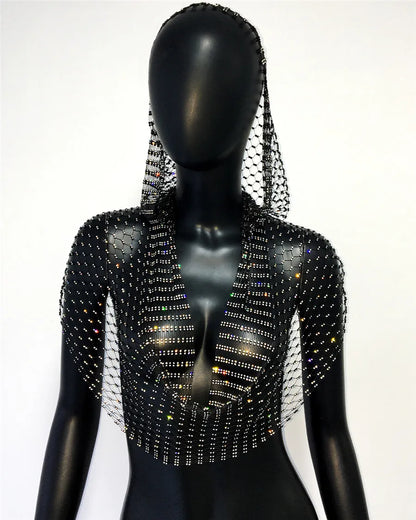 Sexig djup v-hals rygglös kamisole för kvinnor glänsande strass ihålig genomskinlig Fishnet Hooded linne Rave Festival