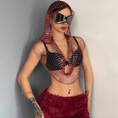 Sexig djup v-hals rygglös kamisole för kvinnor glänsande strass ihålig genomskinlig Fishnet Hooded linne Rave Festival
