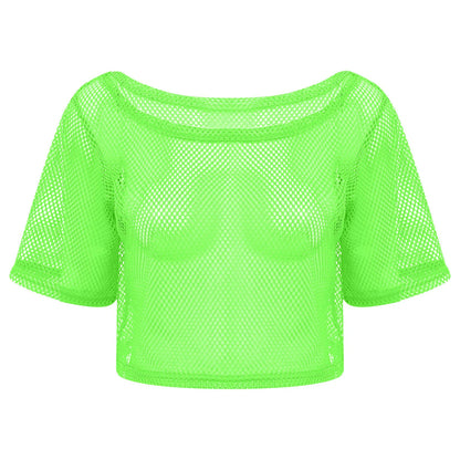 80-tal Disco Neon Fishnet T-shirt Toppar Kortärmad