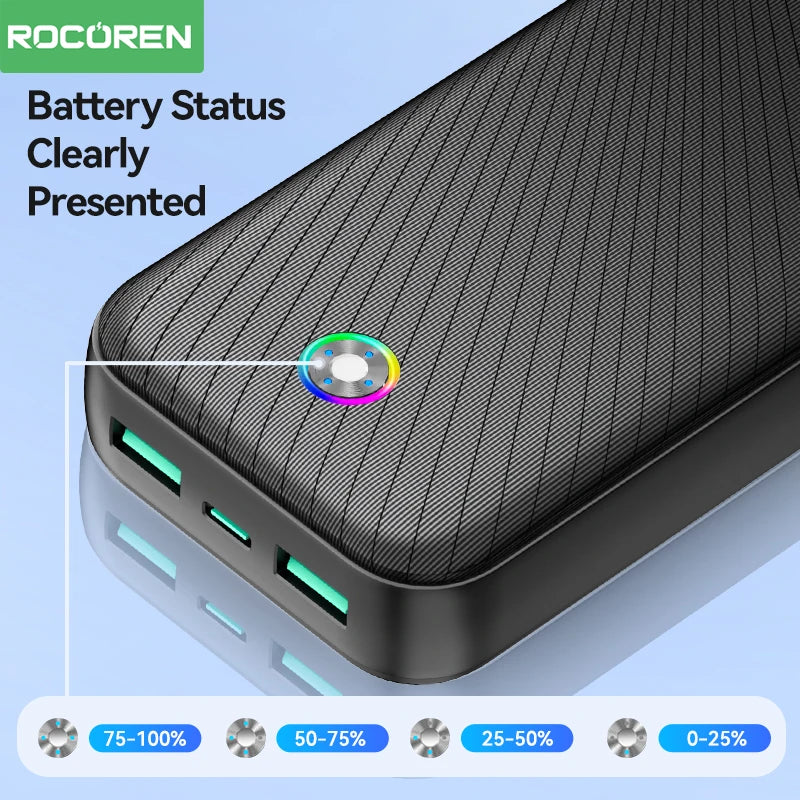 Rocoren 22,5W 20000mAh Power Bank QC PD 3.0 Snabbladdning PowerBank Portable 10000mAh Externt batteri för iPhone 16 Pro Xiaomi m