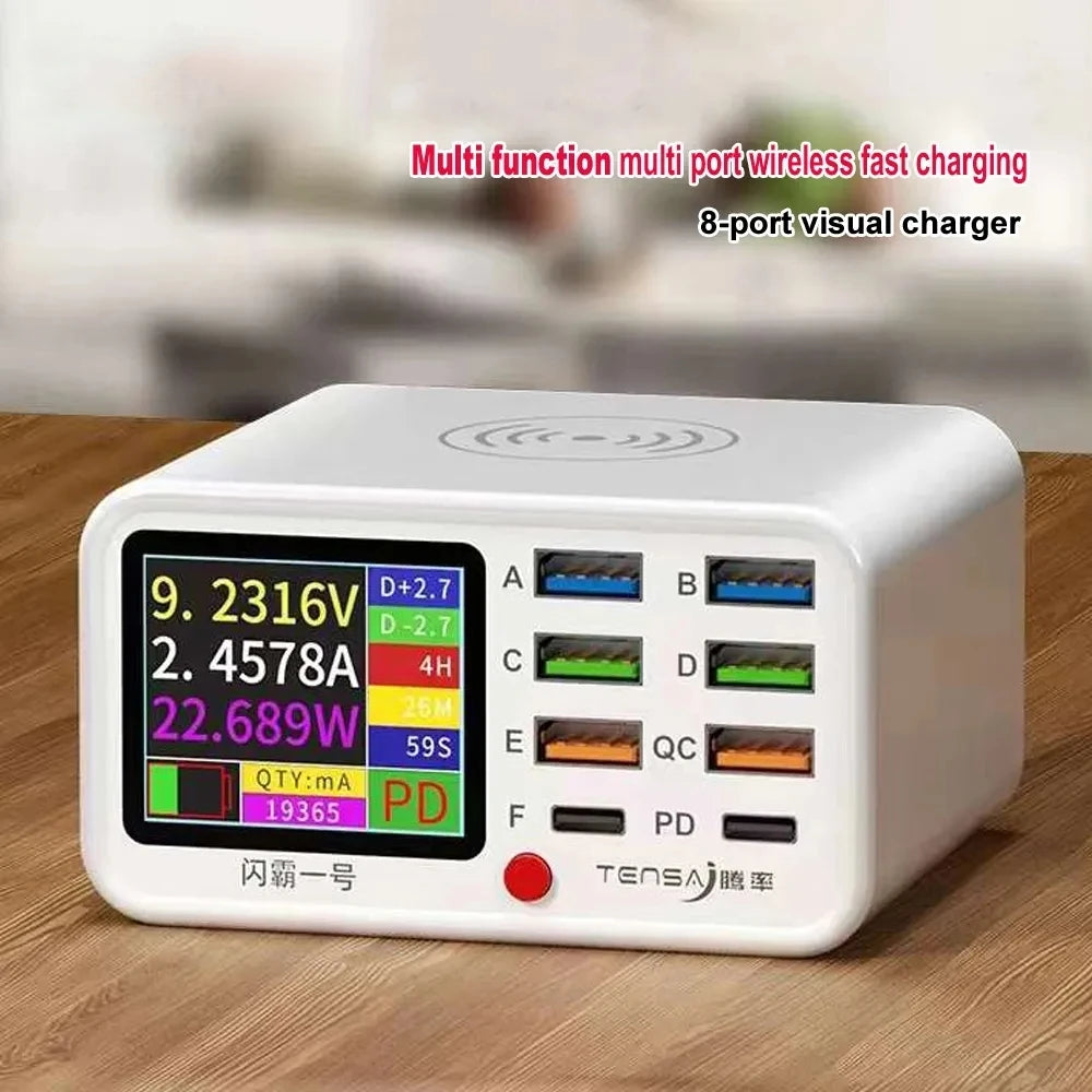 Multifunktionell 8-portars USB trådlös snabbladdningsstation Visual Current Detection Laddare för mobiltelefon iPad blixtladdning