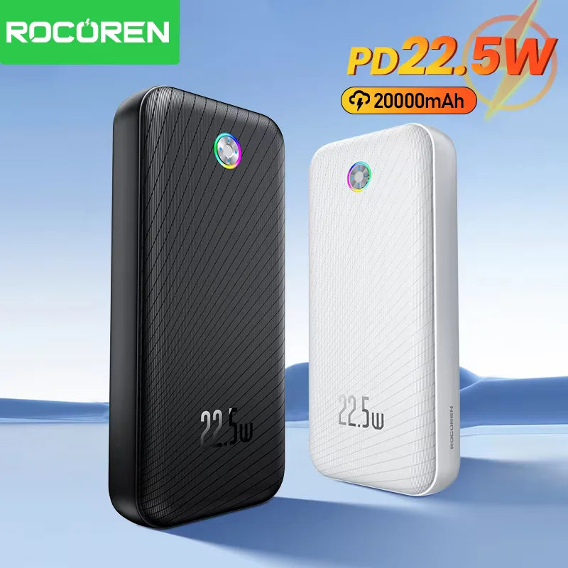 Rocoren 22,5W 20000mAh Power Bank QC PD 3.0 Snabbladdning PowerBank Portable 10000mAh Externt batteri för iPhone 16 Pro Xiaomi m