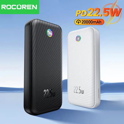 Rocoren 22,5W 20000mAh Power Bank QC PD 3.0 Snabbladdning PowerBank Portable 10000mAh Externt batteri för iPhone 16 Pro Xiaomi m