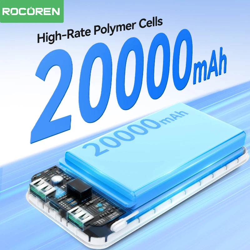 Rocoren 22,5W 20000mAh Power Bank QC PD 3.0 Snabbladdning PowerBank Portable 10000mAh Externt batteri för iPhone 16 Pro Xiaomi m